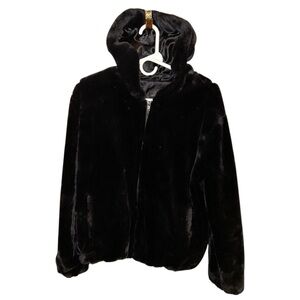NWOT Fabulous Furs Black Faux Fur Hooded Jacket Sz 8